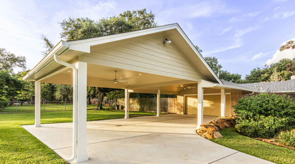 Custom-built carport for L-shaped driveway in Houston, TX. 